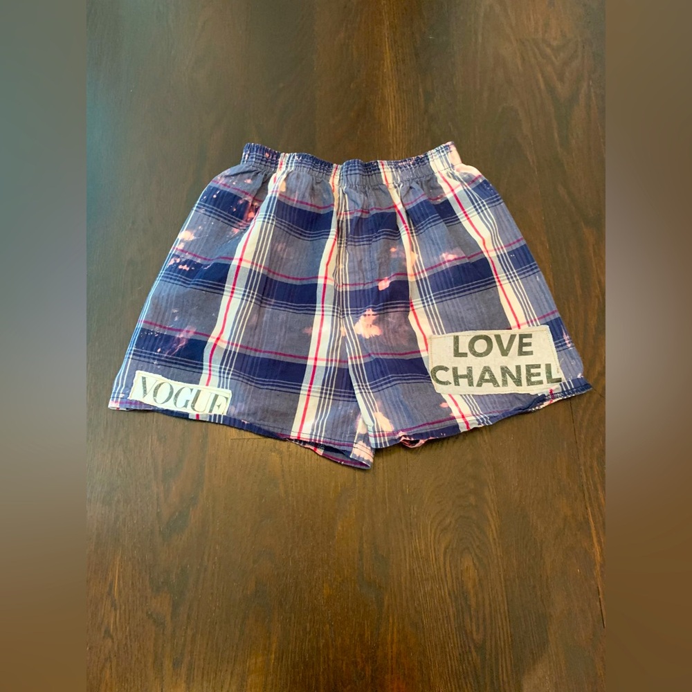 Custom women’s plaid overdye pajama shorts. Men’s boxer style. Size medium